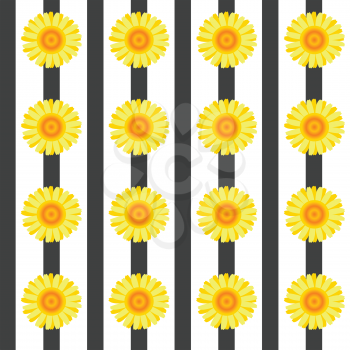 Seamless pattern with yellow flowers and black stripes on white background