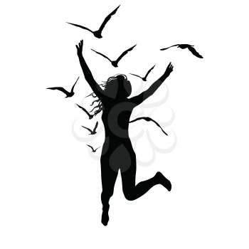 Silhouette of a woman who jump and birds flying