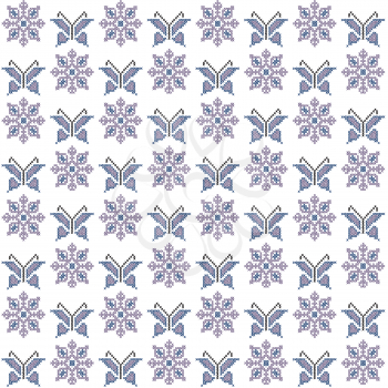 Cross stitch seamless pattern, traditional embroidery with butterflies and flowers
