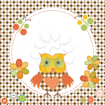 Round frame with cartoon owl in patchwork style 