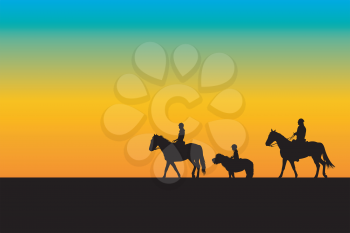 Family silhouette riding horses and ponny