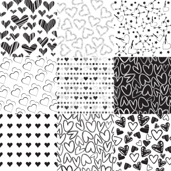 Black and white patterns with hearts for Valentines day
