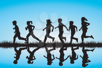 Children silhouettes running outdoor
