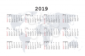 2019 Calendar for agenda with world map