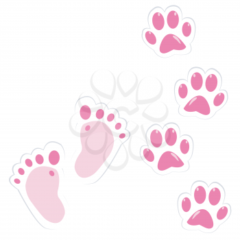 Cute pink baby footprint and pet paws