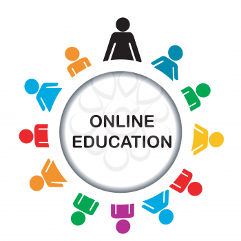 Online education icon with round frame and stylized students
