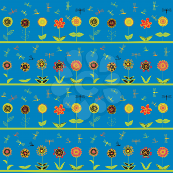 Rows of flowers and stylized dragonflies wrapping paper