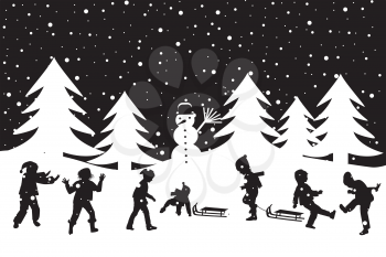 Black and white winter greeting card with kids playing in the snow