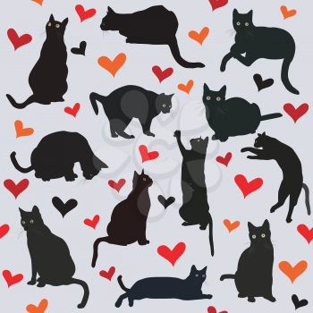 Seamless background with hearts and black cats for Valentine's day