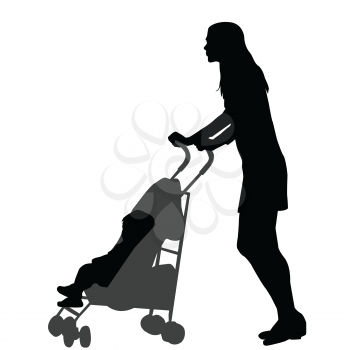 Mother walking while pushing a stroller. Silhouette on white background