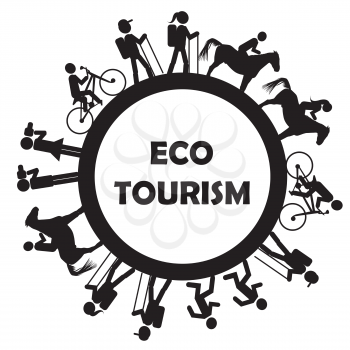 Eco tourism icon with stylized tourists, photographers and riders