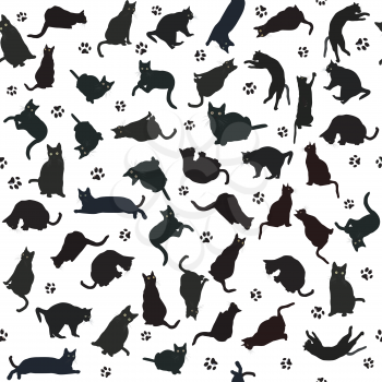 Seamless pattern with black cats silhouettes and paws