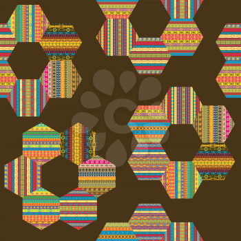 Ethnic motifs patchwork pattern with flowers made of hexagonal patches on brown background