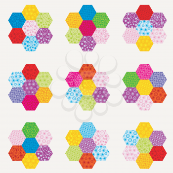 Patchwork pattern with flowers made of multicolor hexagonal patches