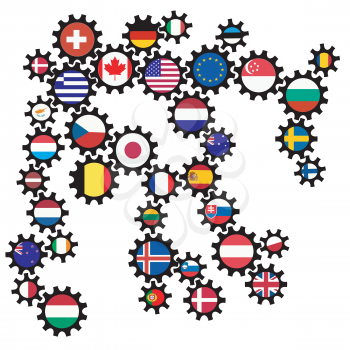Abstract gearing with different world flags. Interconnecting countries in the world economy concept