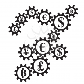 Abstract gearing with currency coins. International financial market interconnection concept 