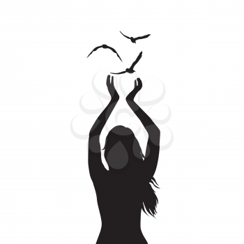 Abstract illustration of a woman silhouette with three birds flying from her hands