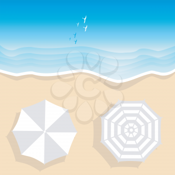 Aerial view of sea beach with two beach umbrellas, cartoon style