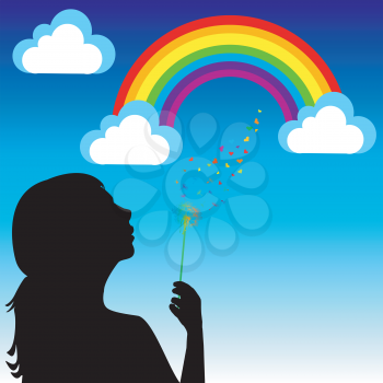Girl blowing into a dandelion and creating the rainbow