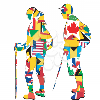 International tourism concept with silhouettes of tourists in flags pattern