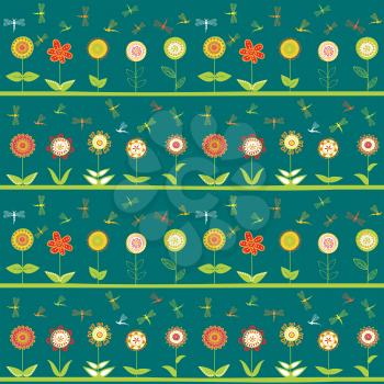 Rows of flowers and stylized dragonflies seamless background