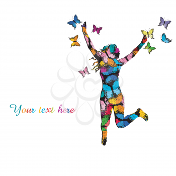 Collorful illustration with silhouette of girl jumping and colored butterflies