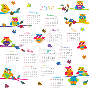 2020 Calendar with cartoon owls