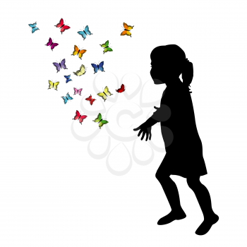 Girl silhouette playing with colored butterflies