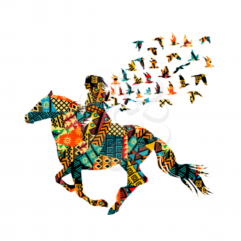 Colorful ethnic motifs pattern of a woman riding with birds