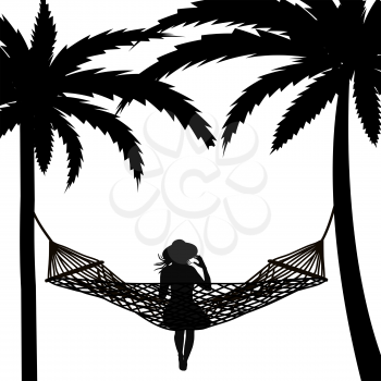 Tropical scene with palms and woman relaxing in a hammock