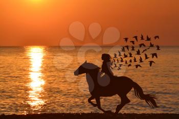 Abstract woman riding a horse with birds flying from her hair at sunrise 