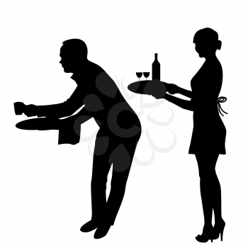 Silhouette of waiter and waitress on white background
