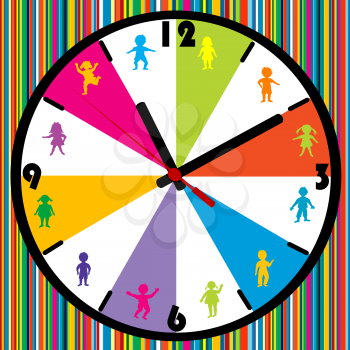 Clock with colored kids on striped background