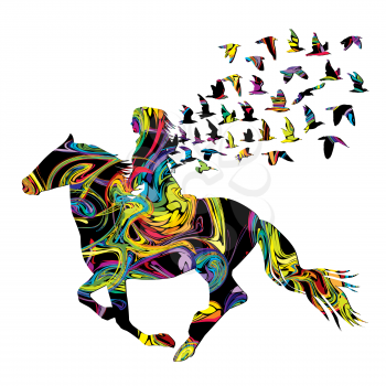 Abstract colorful woman horse rider with birds