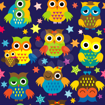Cartoon owls in the nighttime colorful seamless pattern