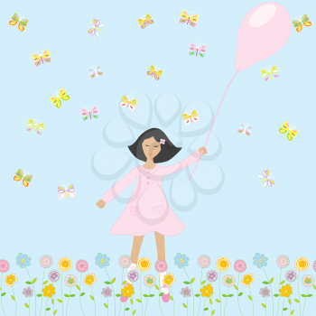 Cute girl with balloon on background with flowers and butterflies