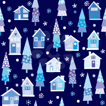 Winter seamless background with houses and trees