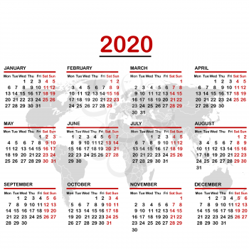 2020 calendar with world map