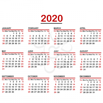 Minimalist calendar of year 2020