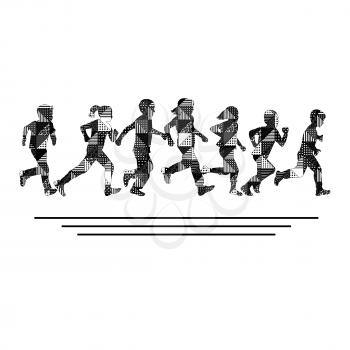 Group of boys and girls running silhouettes