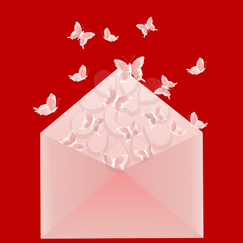 Postal envelope with butterflies on red background