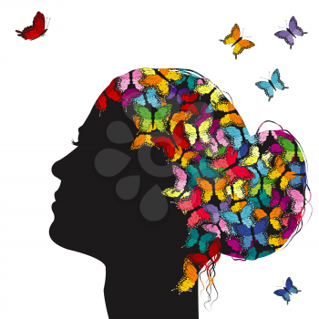 Profile of a girl with colorful butterflies