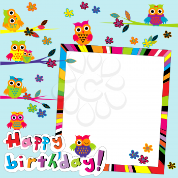 Happy birthday card with frame and cartoon owls