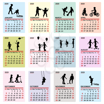 2020 colorful calendar with silhouettes of children
