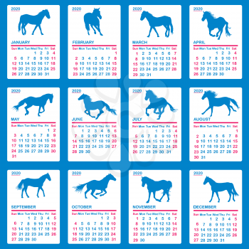 2020 calendar with blue horses silhouettes