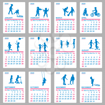 2020 Calendar with blue silhouettes of children playing