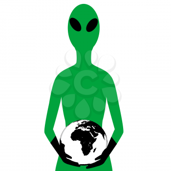 Abstract concept with alien holding the Earth globe in his hands