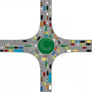 Roundabout road junction with many cars
