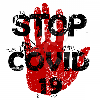 Stop Covid-19 Coronavirus concept, red grunge sign with human hand