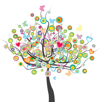 Colored tree with flowers, butterflies and circle shape leaves